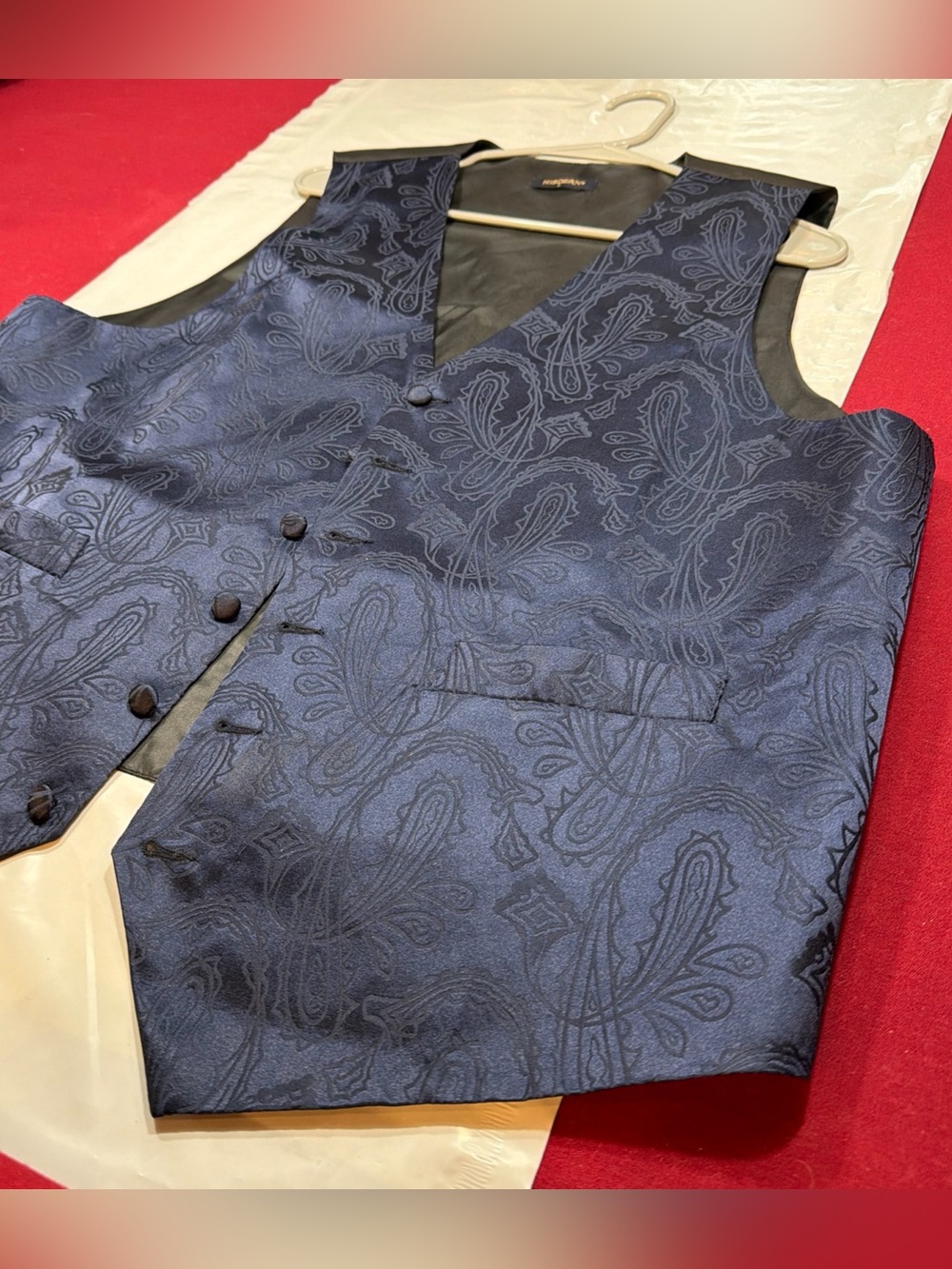 Hisdern Blue Black Paisley formal Satin Button Up VEST Men's Large Wedding Dance